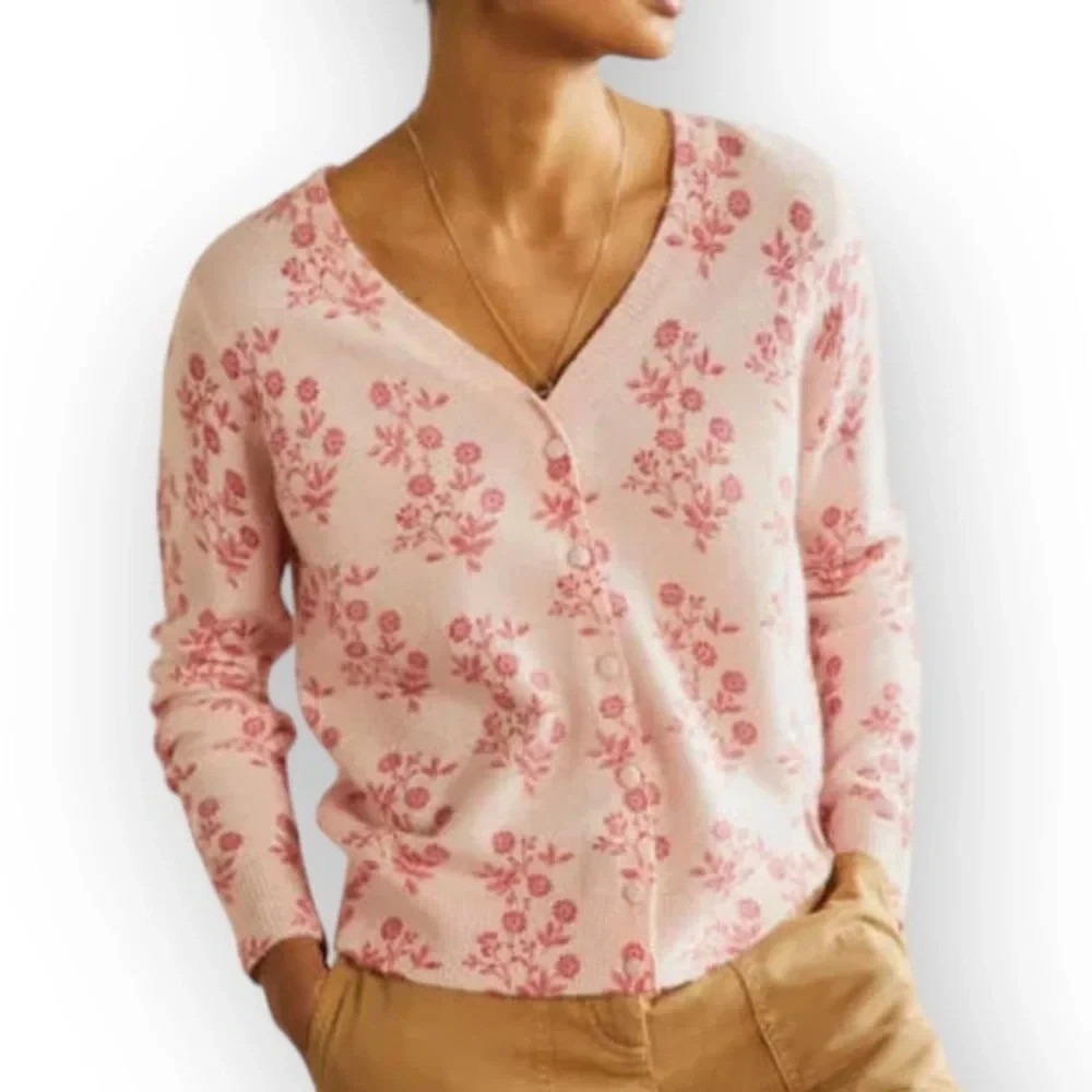 NWT Boden Anita Printed Fluffy Cardigan Sweater Pink L Alpaca Wool Boho Preppy